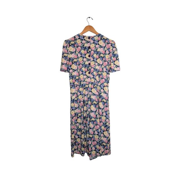 Vintage Womens Medium Midi Dress navy Floral Puff Sleeve Pockets Cottagecore - Picture 2 of 7